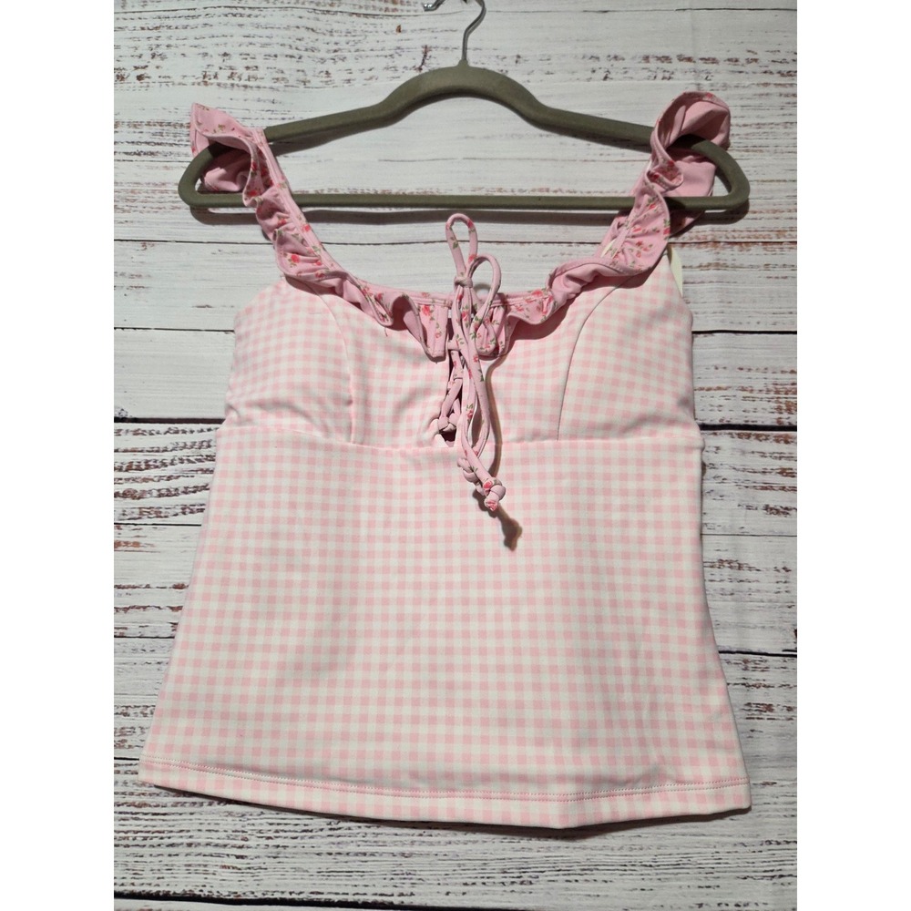 Blogilates Pink Gingham Ruffle Lace Up Tank Top Activewear Small NWT